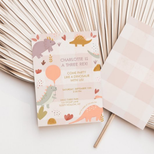 Three Rex Dinosaur 3rd Girl Birthday Invitation 招待状