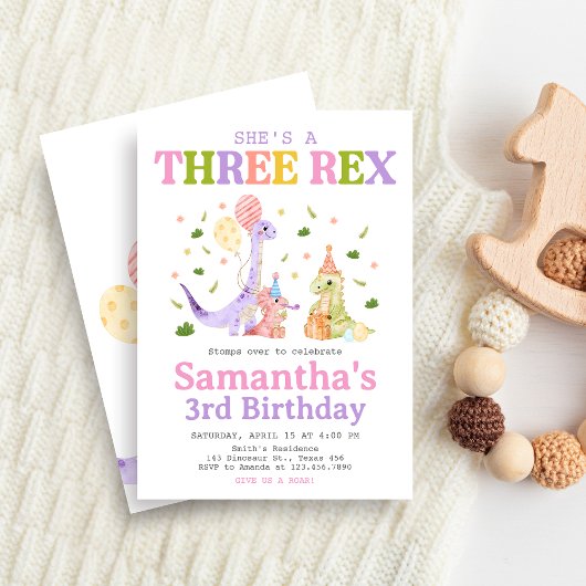 Three Rex Dinosaur Birthday 招待状