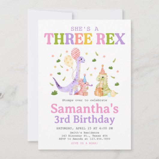Three Rex Dinosaur Birthday 招待状 (正面)