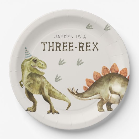 Three-Rex Dinosaur T-rex 3rd Birthday ペーパープレート (正面)
