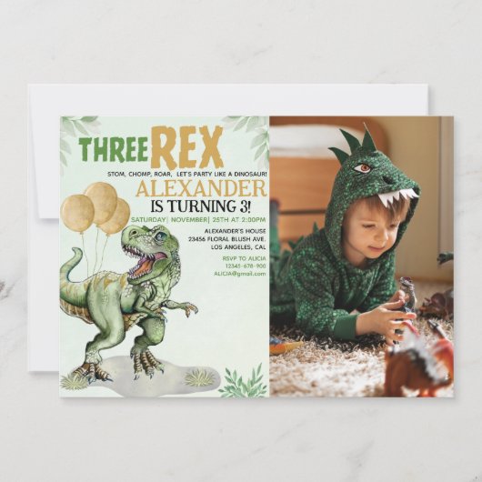 Three Rex - Funny Birthday 3rd Boy Dinosaur 招待状 (正面)