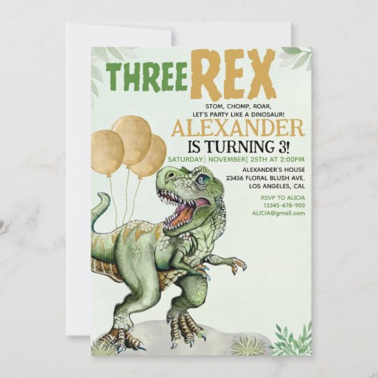 Three Rex - Funny Birthday 3rd Boy Dinosaur 招待状 (正面)