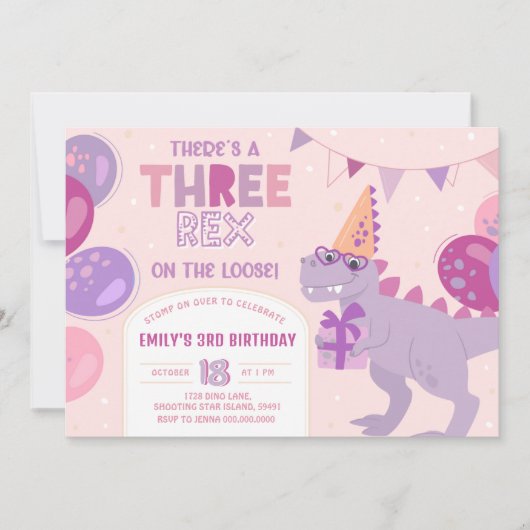 Three Rex Girl Invitation. T-Rex 3rd Birthday 招待状 (正面)