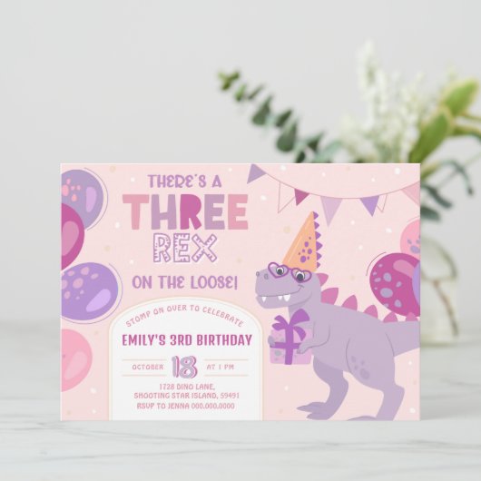 Three Rex Girl Invitation. T-Rex 3rd Birthday 招待状 (スタンド正面)