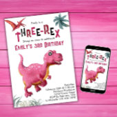 Three-Rex Girls 3歳の誕生日 恐竜 ピンクの恐竜 招待状