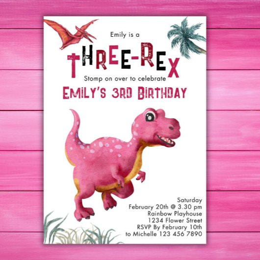Three-Rex Girls 3歳の誕生日 恐竜 ピンクの恐竜 招待状