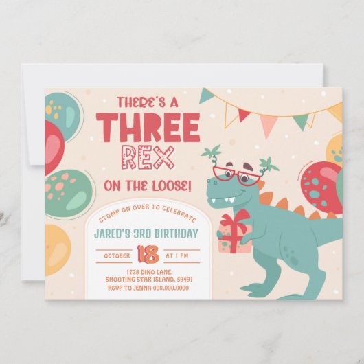 Three Rex Invitation Boy. Dinosaur 3rd Birthday 招待状 (正面)
