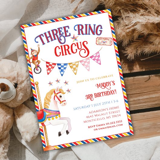 Three Ring Circus Circus Animal 3rd Birthday Party 招待状