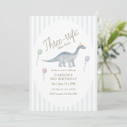 Three-rrific Dinosaur Birthday Invitation 招待状 (スタンド正面)
