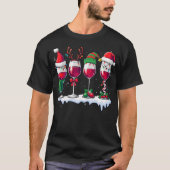 Three Santa Elf Reindeer Wine Glasses Christmas Dr Tシャツ (正面)