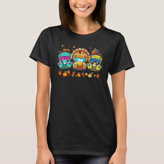 Three School Buses Pilgrim Turkey Fall Vibes Thank Tシャツ (正面)