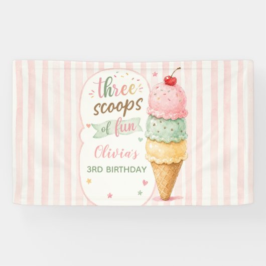 Three Scoops Of Fun 3歳の誕生日パーティー 横断幕 (横)