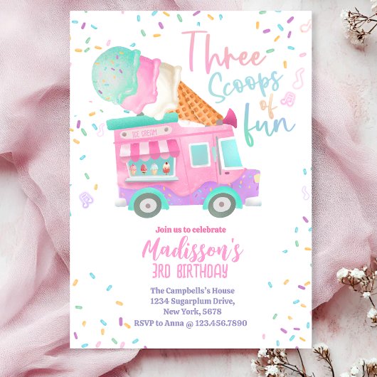 Three Scoops Of Fun 3rd Birthday 招待状