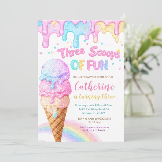 Three Scoops Of Fun Ice Cream Birthday Party  招待状 (スタンド正面)