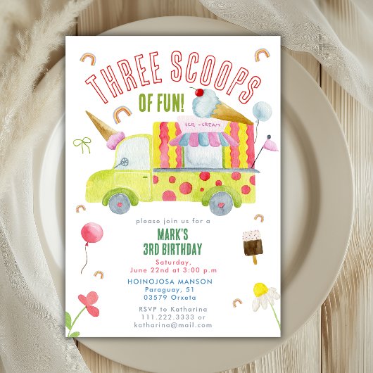 Three Scoops Of Fun Ice Cream Truck 3rd Birthday  招待状