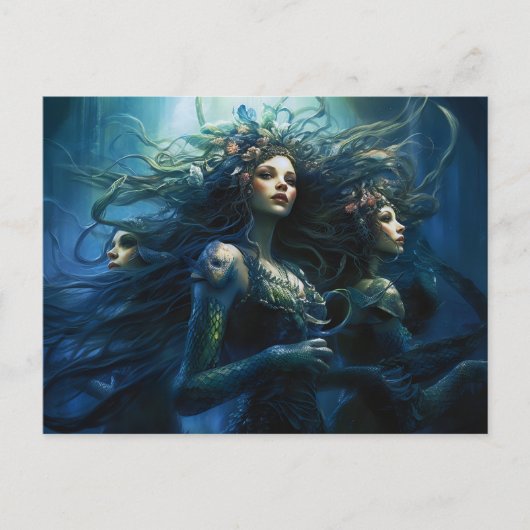 Three Sea Nymphs in Mirror Fantasy Painting ポストカード (正面)