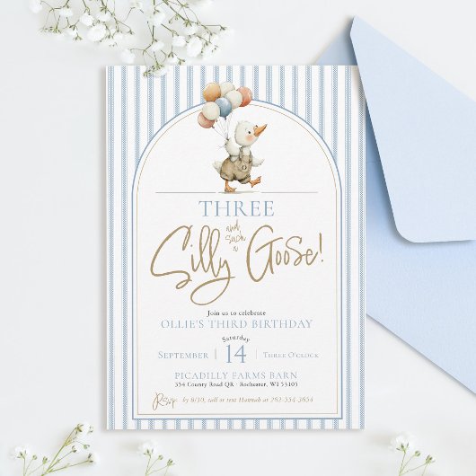 THREE Silly Goose Cute Pinstripe Boy 3rd Birthday 招待状