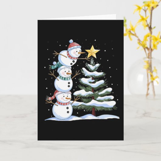 Three Snowmen Are Arranging A Christmas Tree Cute  カード (黄色い花)