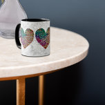 Three Stained Glass Style Hearts on Vintage Mug マグカップ<br><div class="desc">My original digital artwork on this mug features a vintage pattern in the background of three stained-glass style hearts created by me from a flower photograph I reworked into stained glass shapes. The vintage background was reworked to give a faded gray style and be a complement to the colorful hearts....</div>