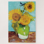 Three Sunflowers | Vincent Van Gogh ジグソーパズル<br><div class="desc">Three Sunflowers (1888) by Dutch artist Vincent Van Gogh. Original fine art painting is an oil on canvas depicting a still life of bright yellow sunflowers against a turquoise background. 

Use the design tools to add custom text or personalize the image.</div>