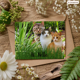 Three Tabby Cats in Garden "Hi Hello" ポストカード