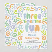 Three Times The Fun Confetti Balloon 3rd Birthday  招待状 (正面/裏面)