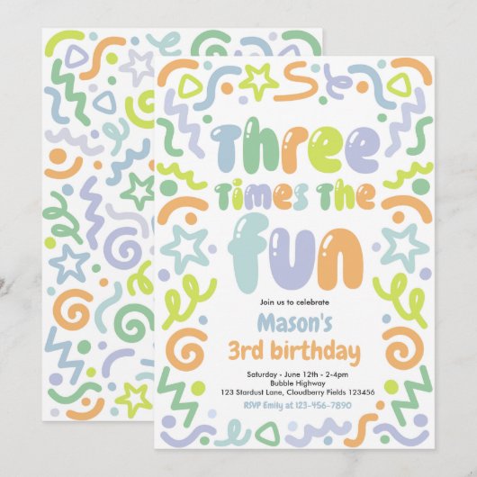 Three Times The Fun Confetti Balloon 3rd Birthday  招待状 (正面/裏面)