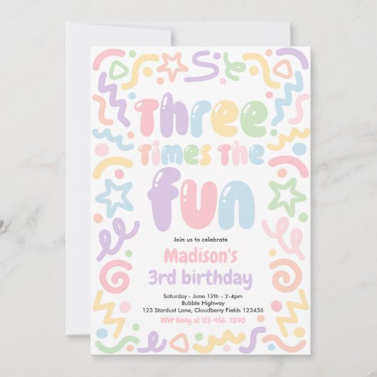 Three Times The Fun Confetti Balloon 3rd Birthday  招待状 (正面)