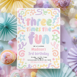 Three Times The Fun Confetti Balloon 3rd Birthday  招待状