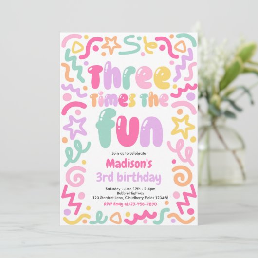 Three Times The Fun Confetti Balloon 3rd Birthday 招待状 (スタンド正面)