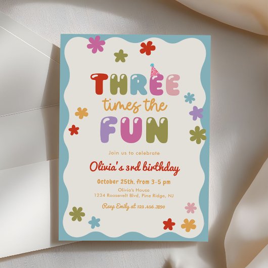 Three Times The Fun Daisy Colorful 3rd Birthday 招待状