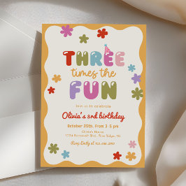 Three Times The Fun Daisy Colorful 3rd Birthday 招待状