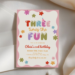 Three Times The Fun Daisy Colorful 3rd Birthday 招待状