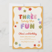Three Times The Fun Daisy Colorful 3rd Birthday 招待状 (正面)