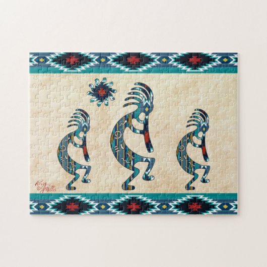 Three Turquoise Southwest Kokopelli Jigsaw Puzzle ジグソーパズル (横)