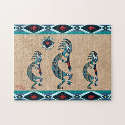 Three Turquoise Southwest Kokopelli Jigsaw Puzzle ジグソーパズル (横)