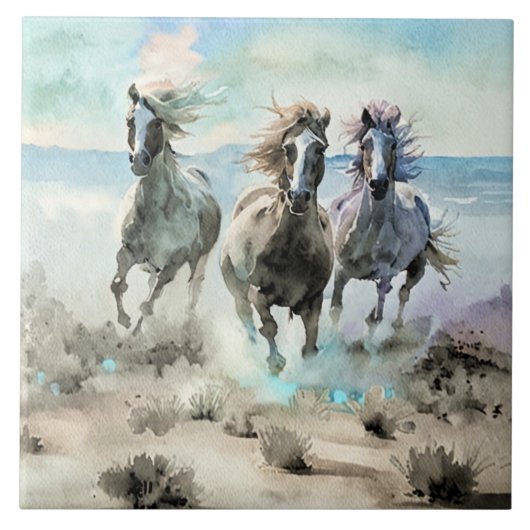 Three Wild Horses Race Across a Dusty Prairie タイル (正面)