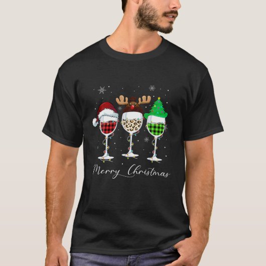 Three Wine Glasses Leopard Buffalo Plaid Santa Hat Tシャツ (正面)