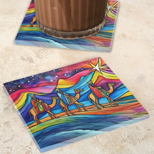 Three Wise Men Colorful Christmas Holiday ガラスコースター