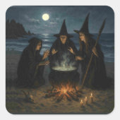 Three Witches Brew Cauldron Full Moon Beach  スクエアシール (正面)