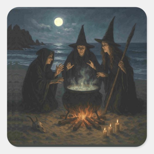 Three Witches Brew Cauldron Full Moon Beach  スクエアシール (正面)