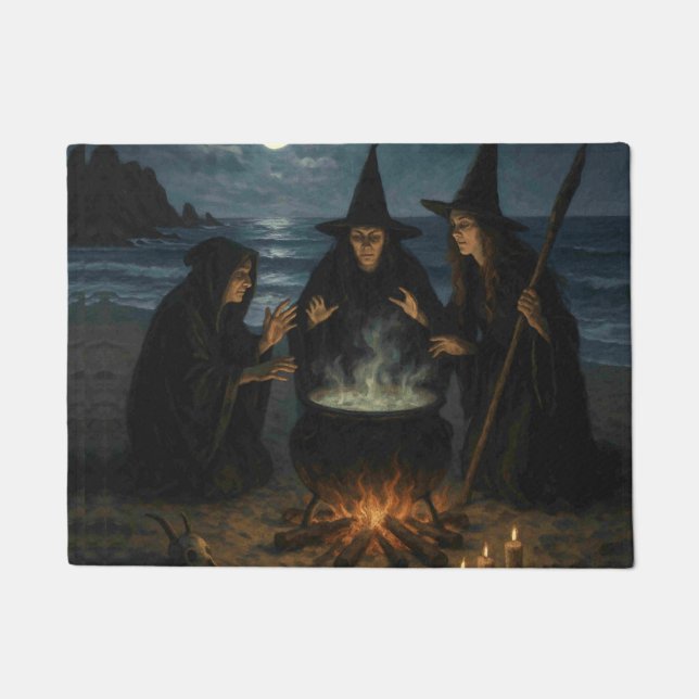 Three Witches Brew Cauldron Full Moon Beach  ドアマット (正面)