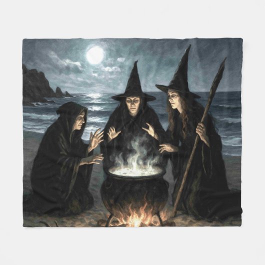Three Witches Brew Cauldron Full Moon Beach  フリースブランケット (正面(横))