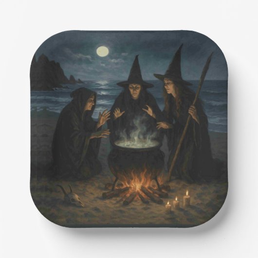 Three Witches Brew Cauldron Full Moon Beach  ペーパープレート (正面)
