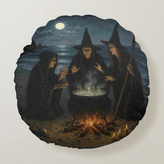 Three Witches Brew Cauldron Full Moon Beach  ラウンドクッション (正面)