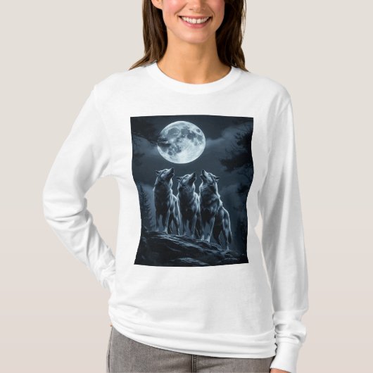 Three Wolves Howling at the Full Moon - Three Wolf Tシャツ (正面)