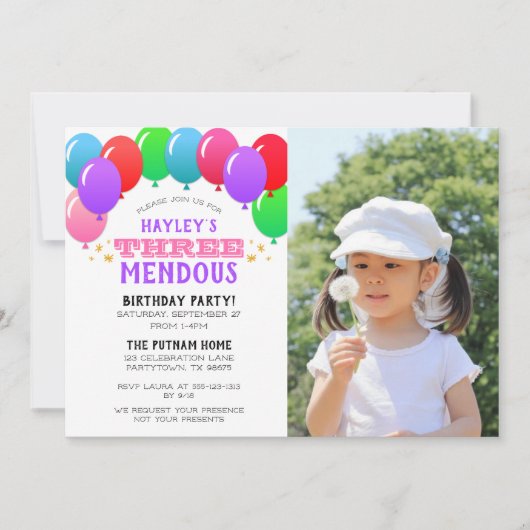 THREEmendousの第3誕生日の気球のピンクの写真 招待状 (正面)