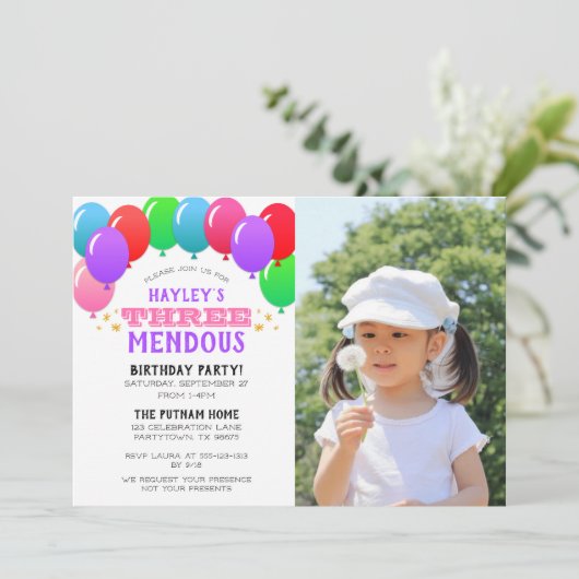 THREEmendousの第3誕生日の気球のピンクの写真 招待状 (スタンド正面)
