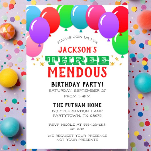 THREEmendous 3歳の誕生日バルーンバナー 赤 招待状