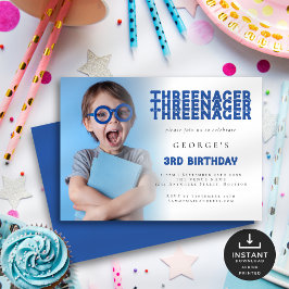 Threenager Photo Overlay 3rd誕生日パーティーブルー 招待状